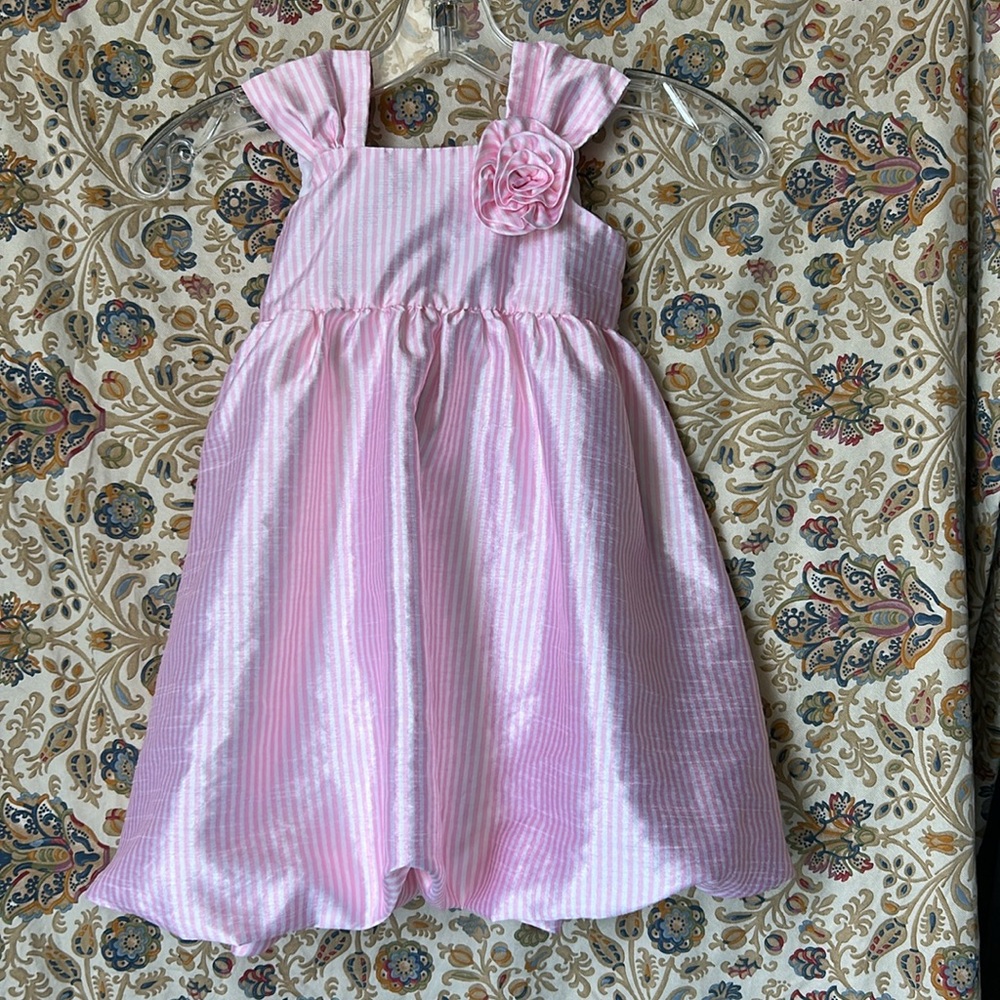 Marmellata Bubble Hem 3Dโ Flower Striped Dress Barbiecore Sheen Pink/White 4